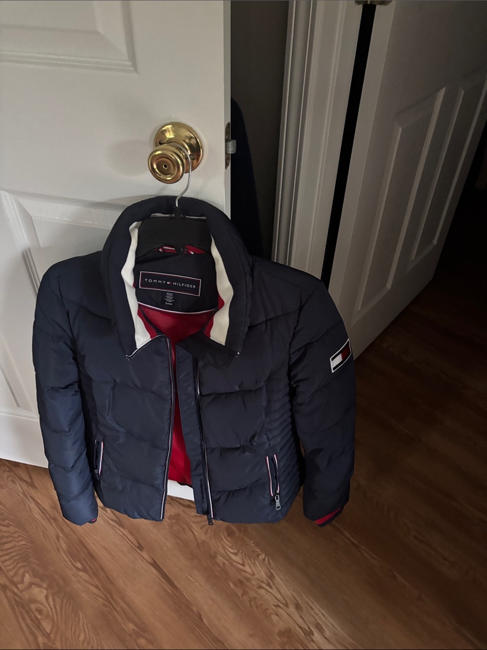Tommy Hilfiger Navy Puffer Jacket with Red Lining